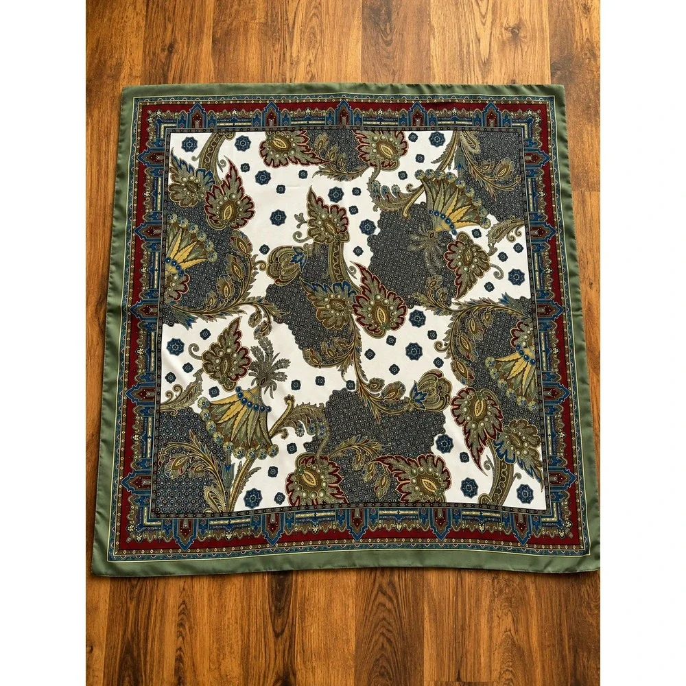 Scarf Women Green Burgundy Paisley Silk Blend Square 33